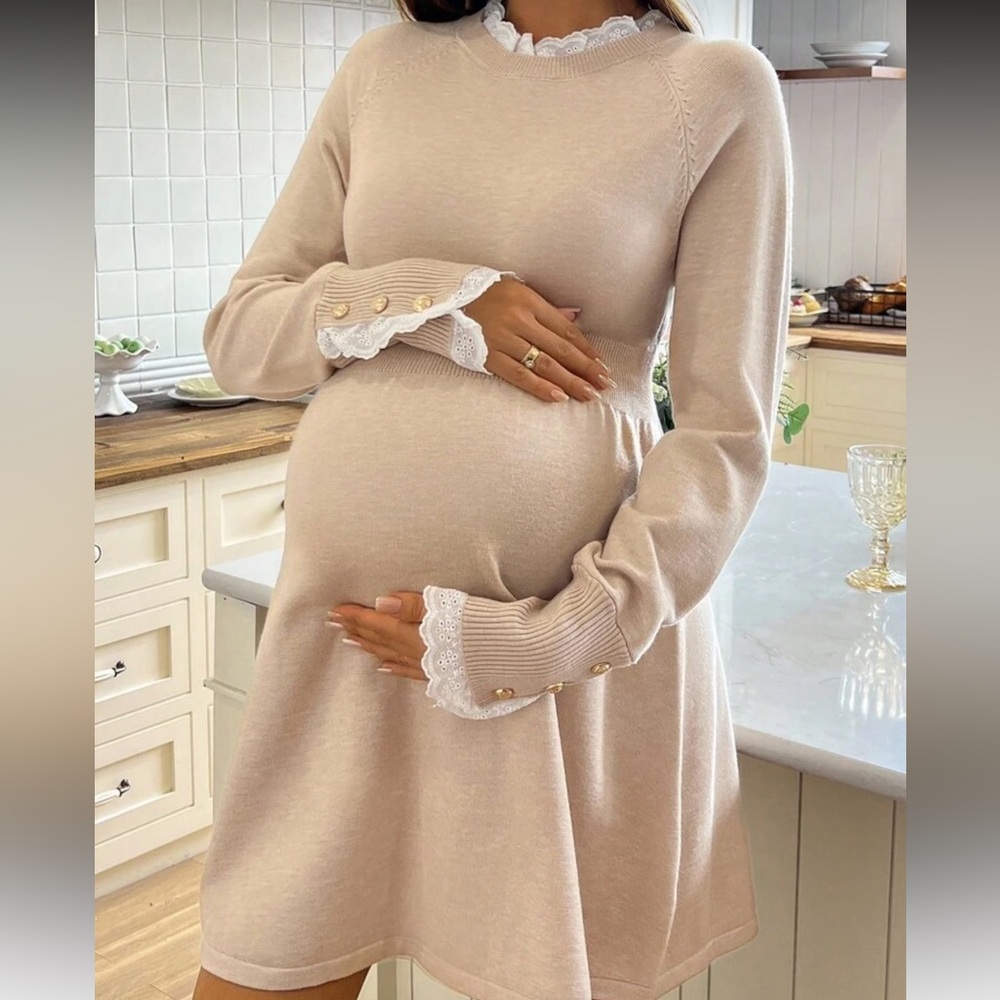 Maternity Long Sleeve Lace-Trim Knit Dress in Beige